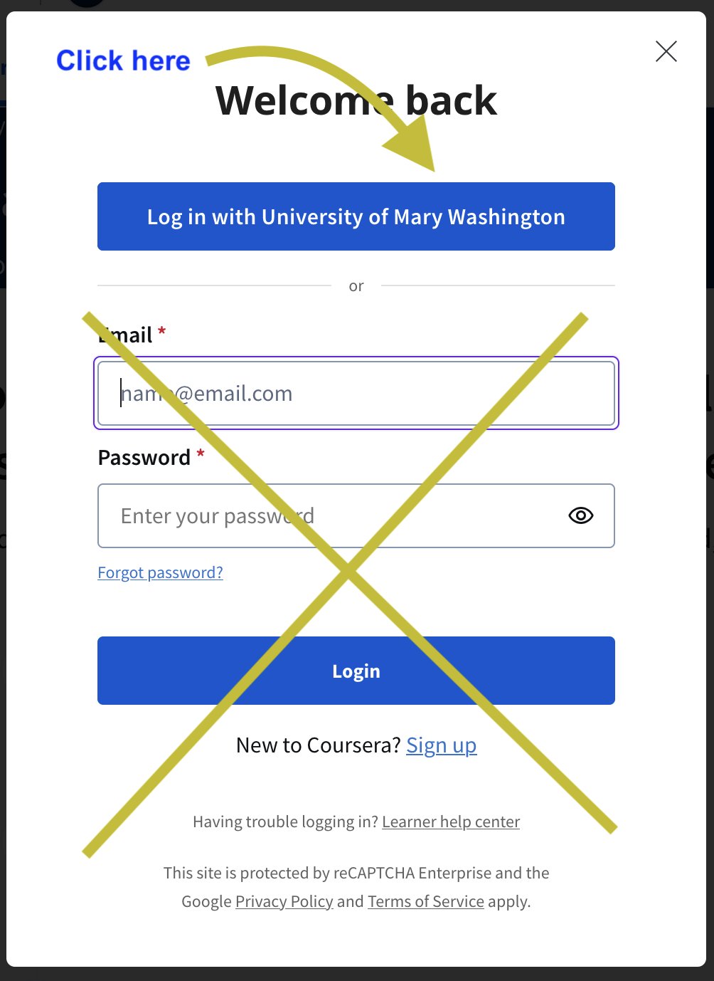Screenshot of window that has the "Log in with University of Mary Washington" button that should be clicked.